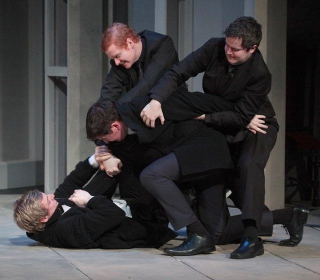 L-R: Conor Madden (Hamlet), Aonghus Óg McAnally (Laertes), Mark Fitzgerald (Rozencrantz) & Fergal Titley (Guildenstern) in 'Hamlet'. Photo: Anthony Woods