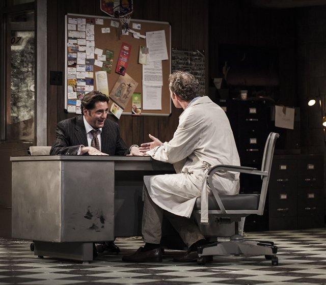 Reg Rogers, Peter Hanly, and Patrick Jospeph Byrnes in The Gate Theatre's production of 'Glengarry Glen Ross'. Photo: Matthew Thompson