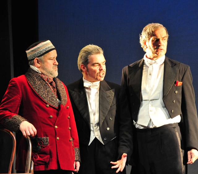Darragh Kelly as Mr. Wallace, Malcolm Adams as Mr. Bunn, and Sean Campion as Mr. Balfe, in the Theatre Royal, Waterford’s production of 'Wallace, Balfe, and Mr. Bunn'. Photo: Emagine Media