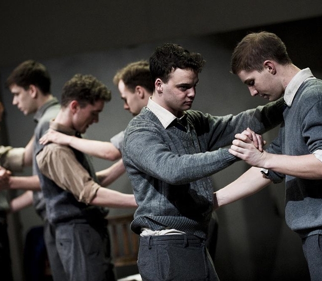 Brian Bennett, Seamus Brennan, Sean Flanagan, Robert Bannon, Keith Burke and Stephen O’Rourke in the Abbey Theatre production of CHRIST DELIVER US! by Thomas Kilroy. Photo: Ros Kavanagh