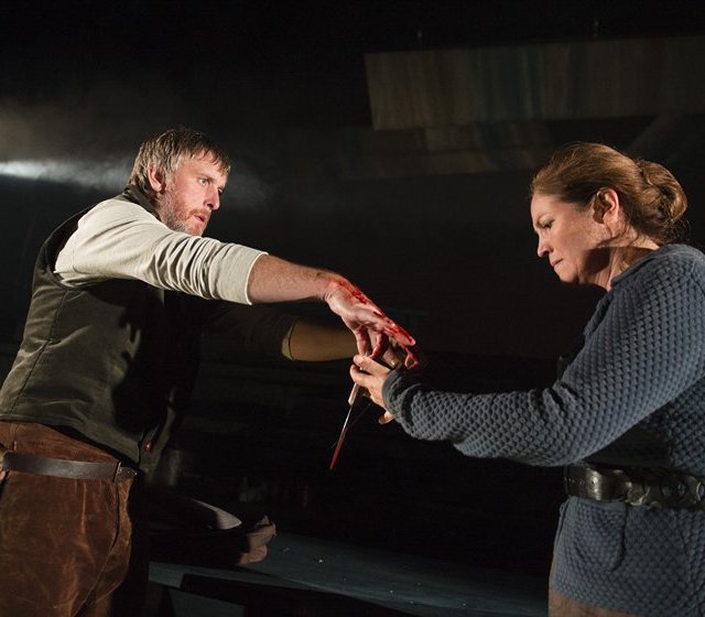 Stuart Graham and Andrea Irvine as Macbeth and Lady Macbeth in the Lyric Theatre production of 'Macbeth'. Photo: Steffan Hill